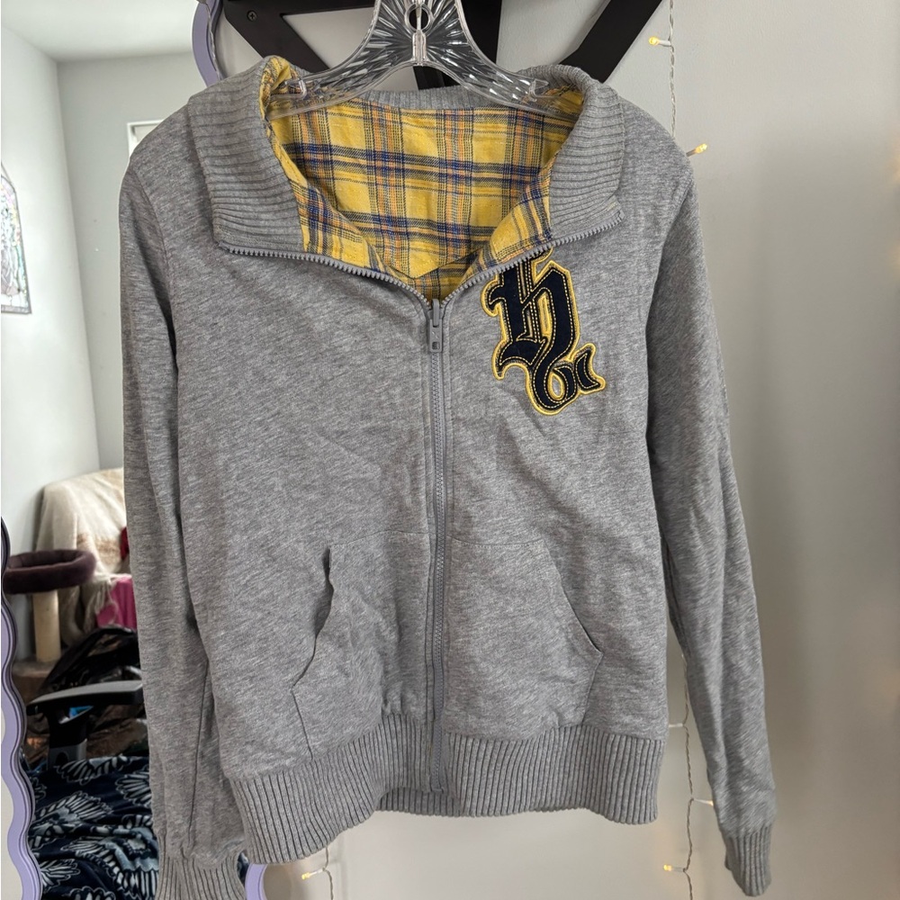 Gray Zip-Up Hoodie with Yellow Plaid Lining